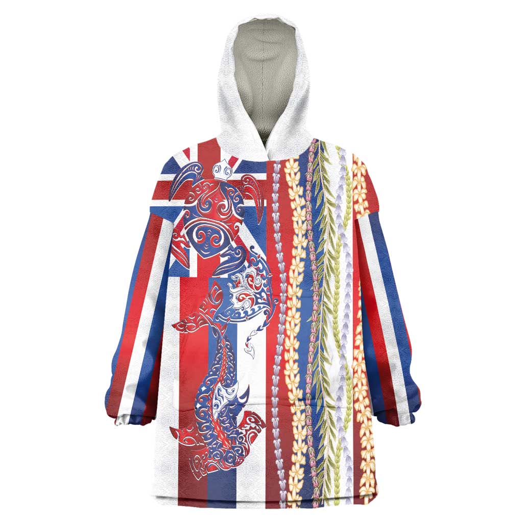 Hawaiian Sea Animals Wearable Blanket Hoodie with Lei and Flag Style LT03 One Size Multicolor - Polynesian Pride