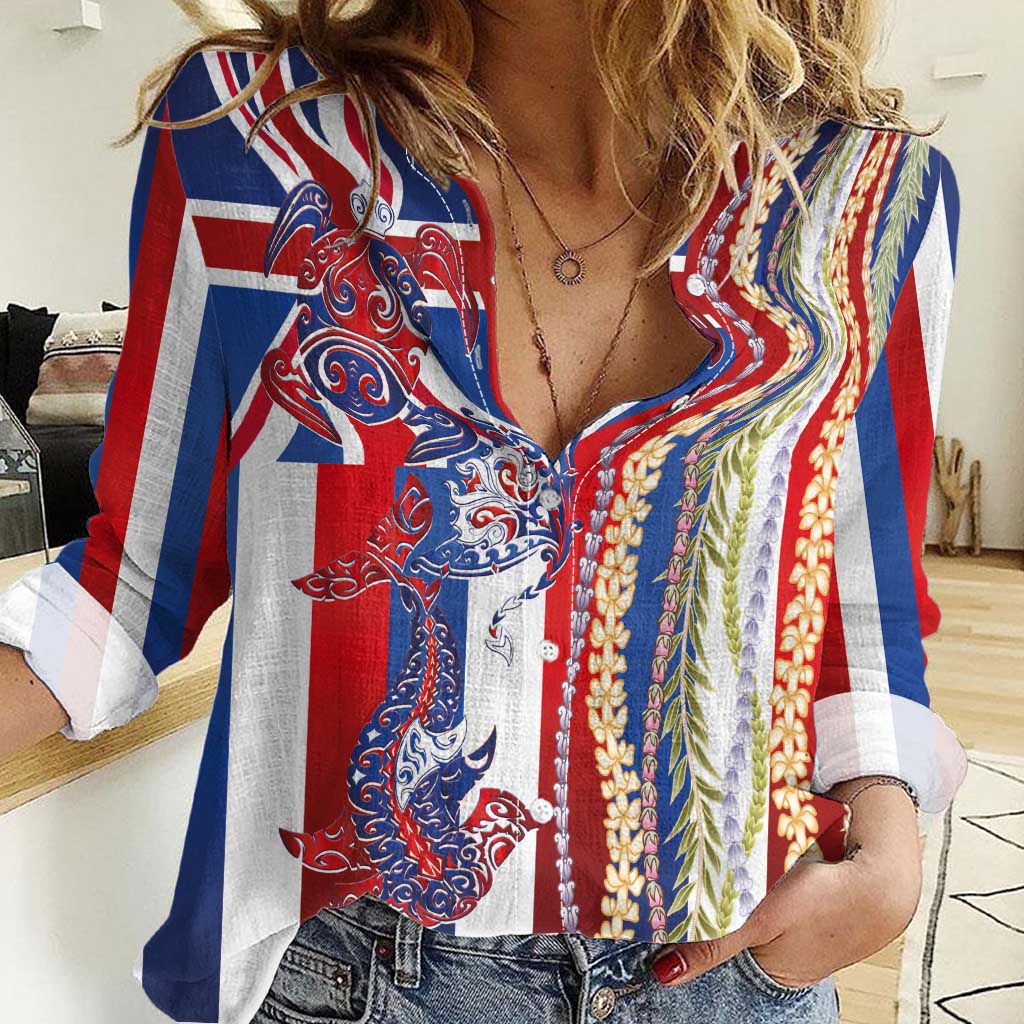 Hawaiian Sea Animals Women Casual Shirt with Lei and Flag Style LT03 Female Multicolor - Polynesian Pride