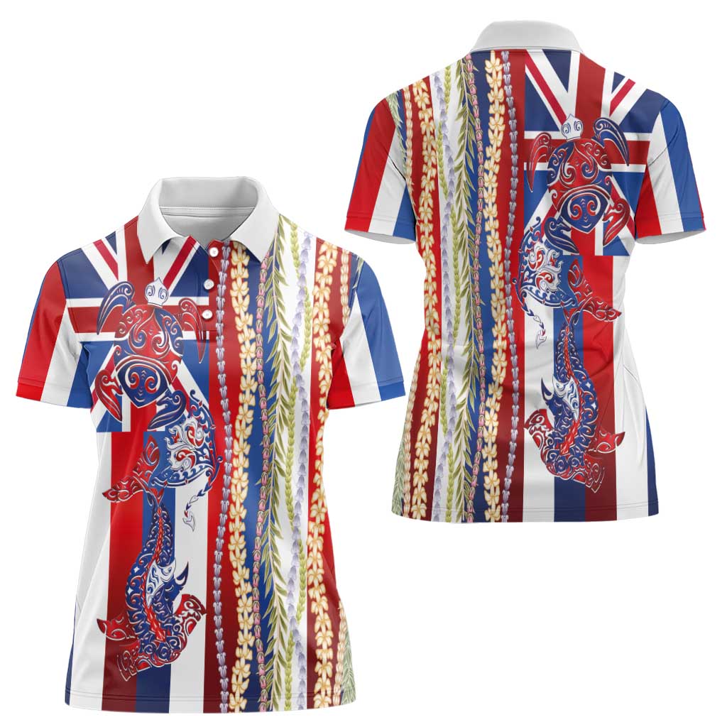 Hawaiian Sea Animals Women Polo Shirt with Lei and Flag Style LT03 - Polynesian Pride
