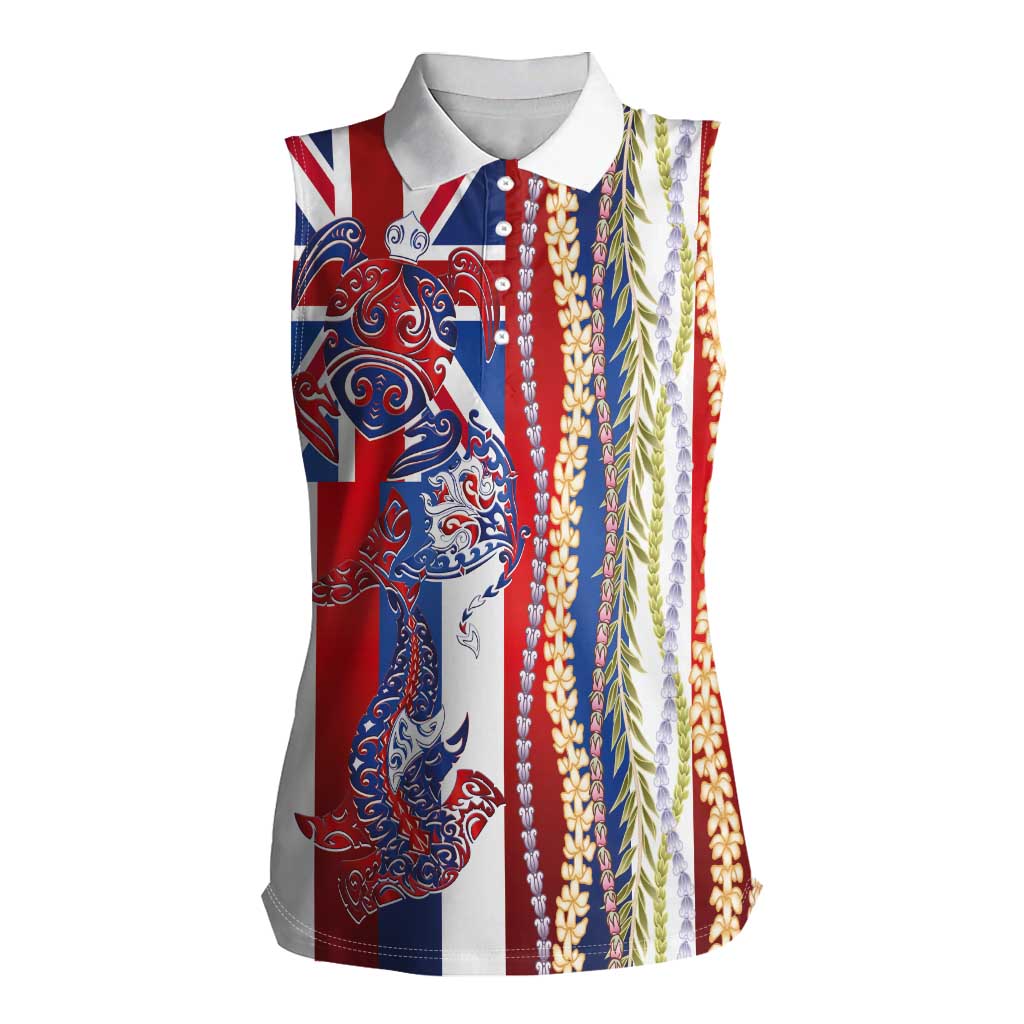Hawaiian Sea Animals Women Sleeveless Polo Shirt with Lei and Flag Style LT03 Female Multicolor - Polynesian Pride