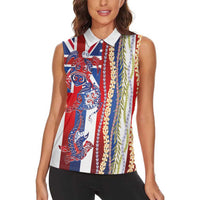 Hawaiian Sea Animals Women Sleeveless Polo Shirt with Lei and Flag Style LT03 - Polynesian Pride