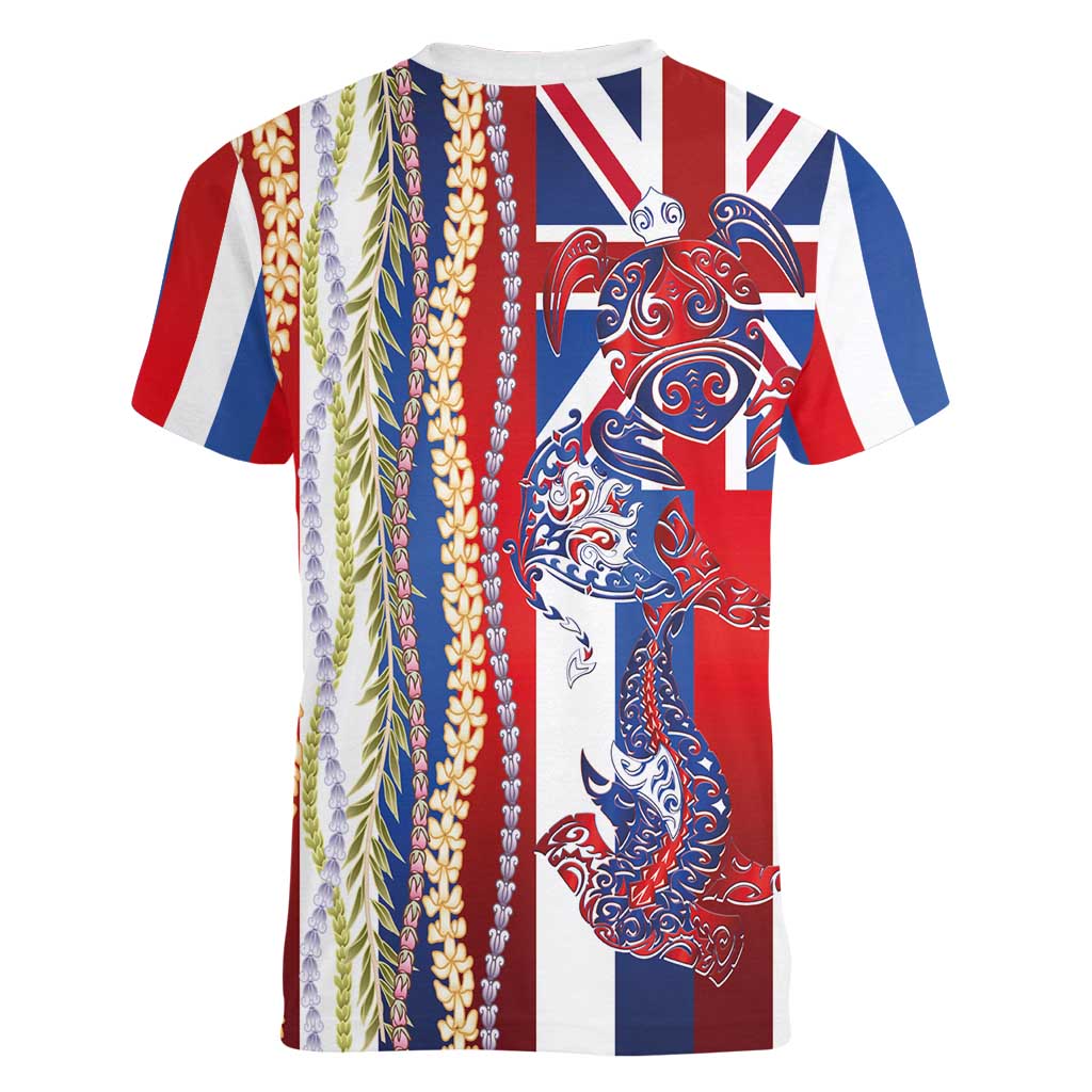 Hawaiian Sea Animals Women V-Neck T-Shirt with Lei and Flag Style