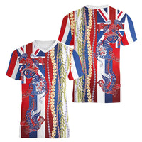 Hawaiian Sea Animals Women V-Neck T-Shirt with Lei and Flag Style