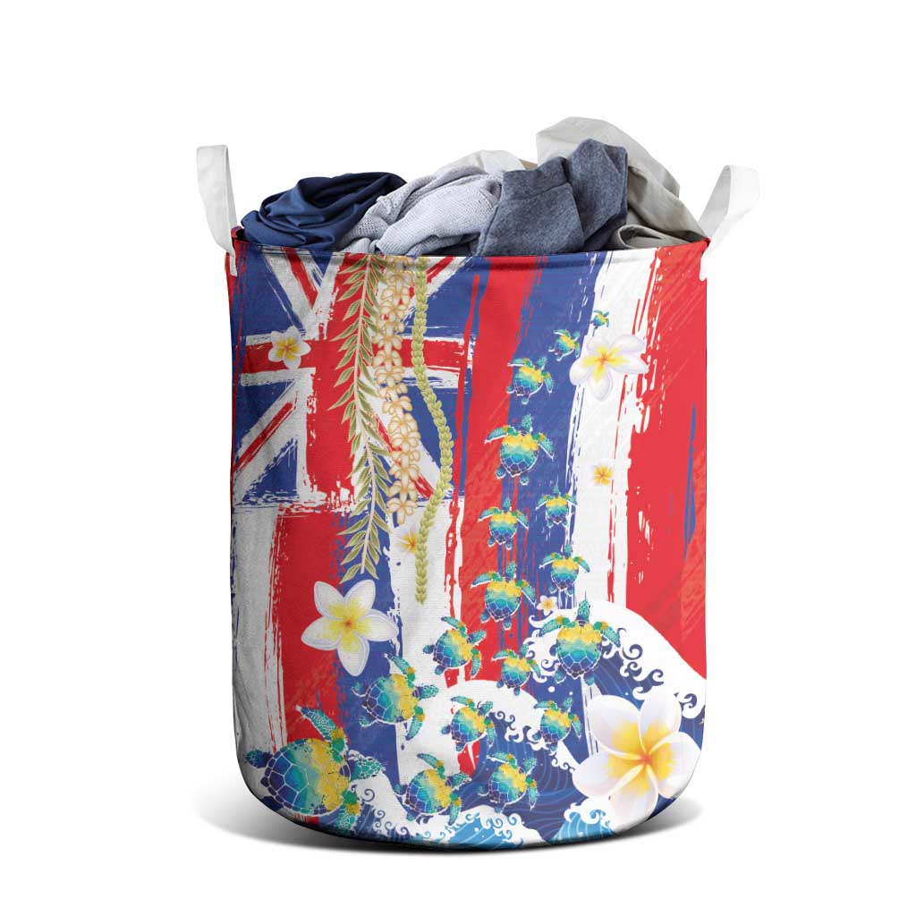 Hawaiian Sea Turtles and Plumeria Laundry Basket with Lei and Flag Grunge Style LT03 - Polynesian Pride
