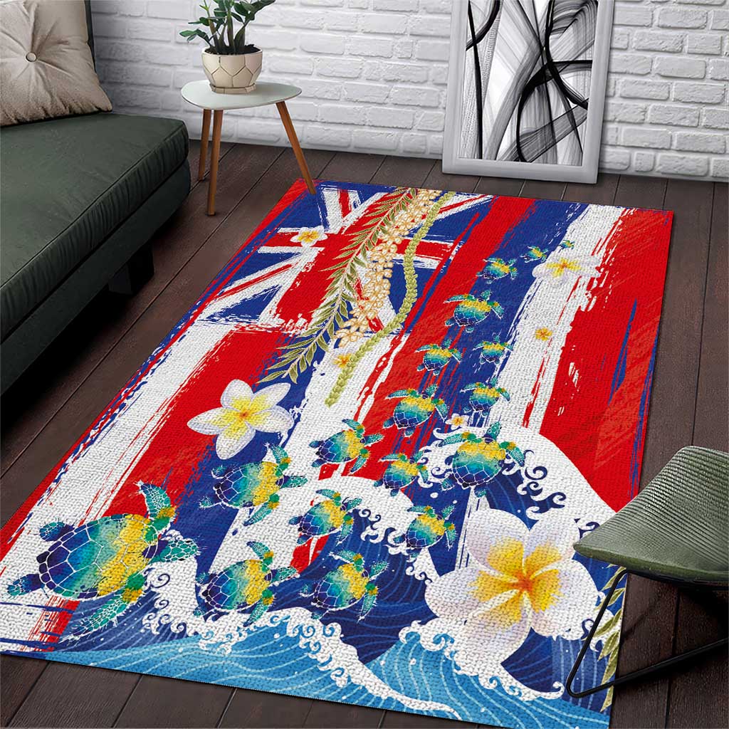 Hawaiian Sea Turtles and Plumeria Area Rug with Lei and Flag Grunge Style