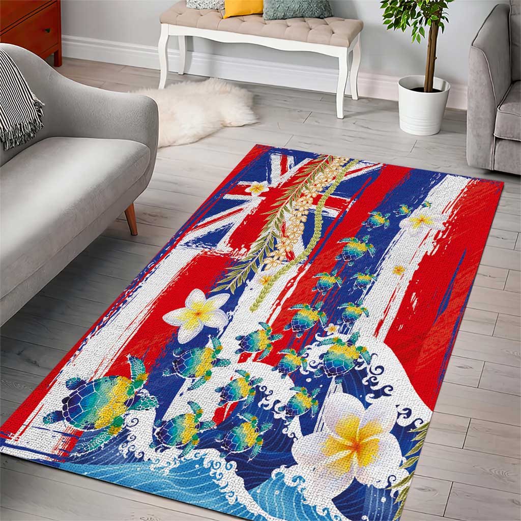 Hawaiian Sea Turtles and Plumeria Area Rug with Lei and Flag Grunge Style