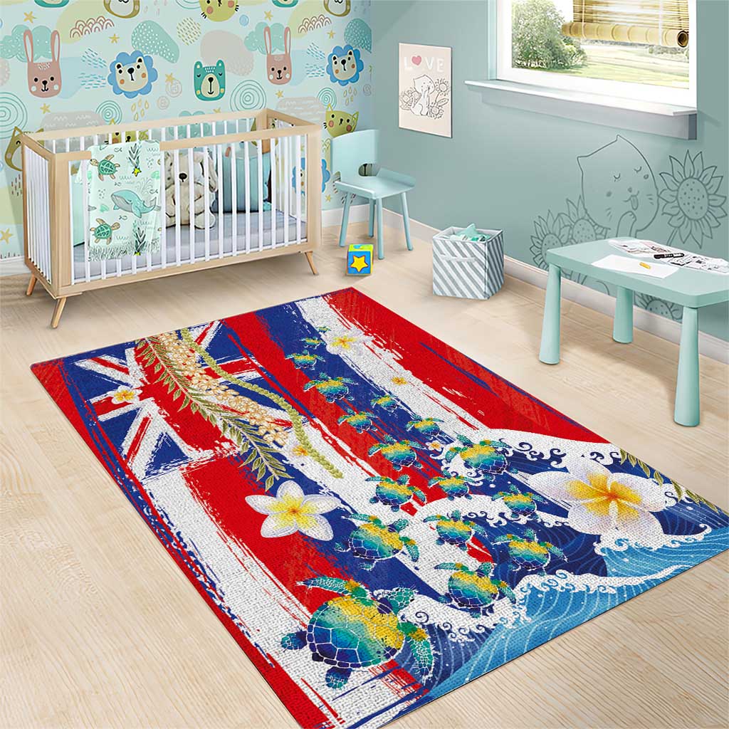 Hawaiian Sea Turtles and Plumeria Area Rug with Lei and Flag Grunge Style