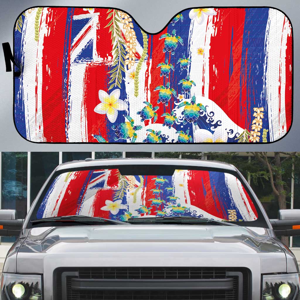 Hawaiian Sea Turtles and Plumeria Auto Sun Shade with Lei and Flag Grunge Style LT03 Multicolor - Polynesian Pride
