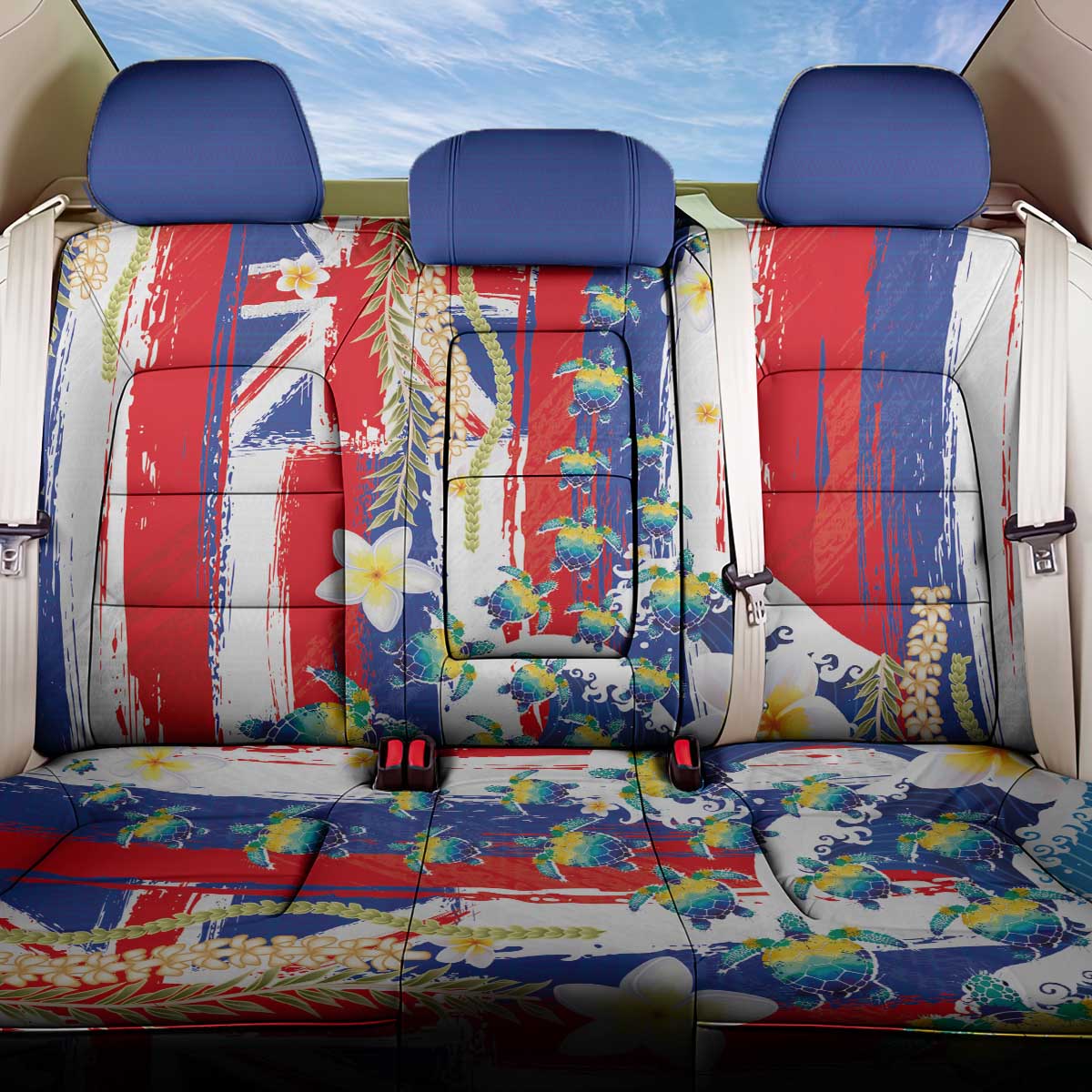 Hawaiian Sea Turtles and Plumeria Back Car Seat Cover with Lei and Flag Grunge Style