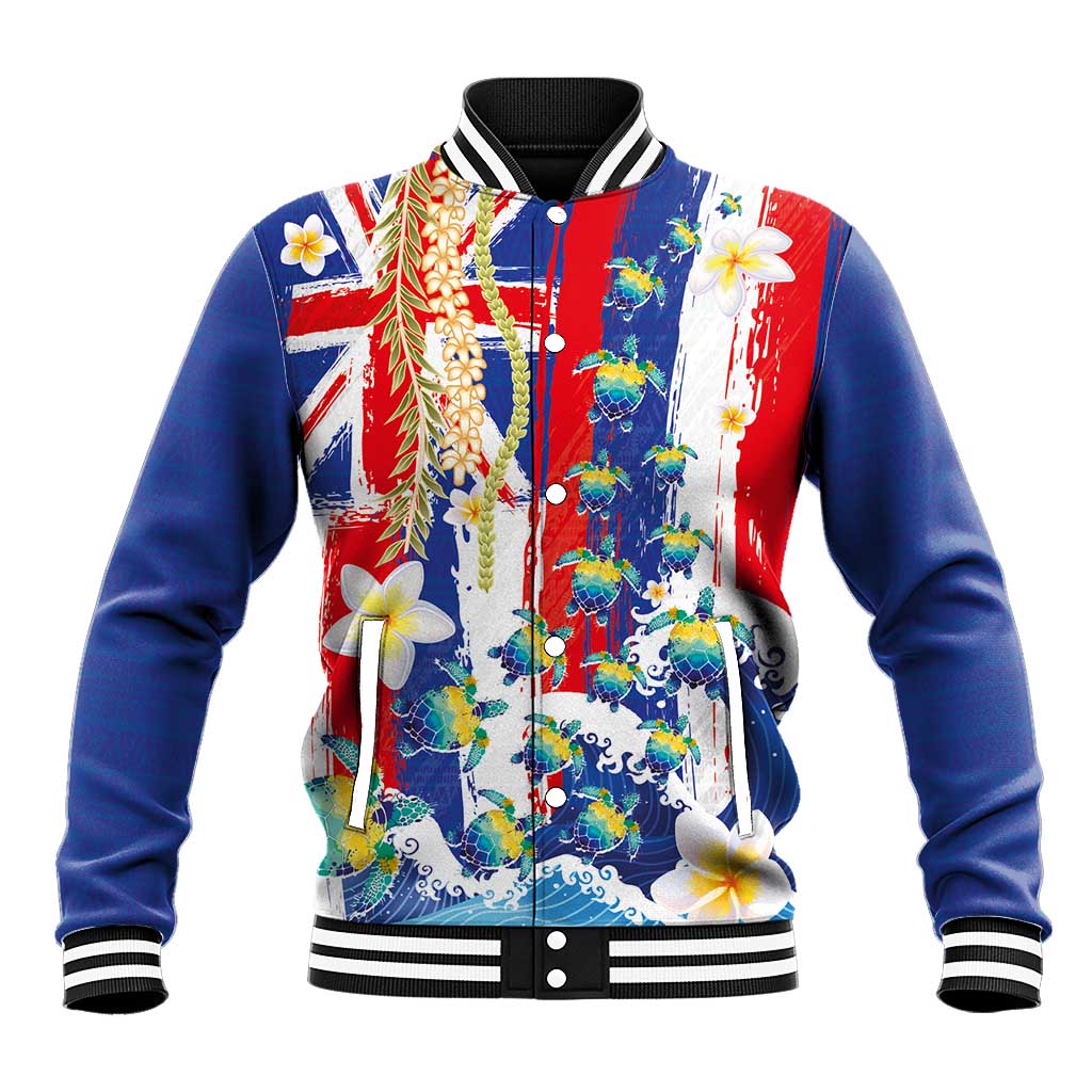 Hawaiian Sea Turtles and Plumeria Baseball Jacket with Lei and Flag Grunge Style LT03 Unisex Multicolor - Polynesian Pride