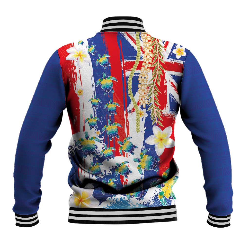 Hawaiian Sea Turtles and Plumeria Baseball Jacket with Lei and Flag Grunge Style LT03 - Polynesian Pride