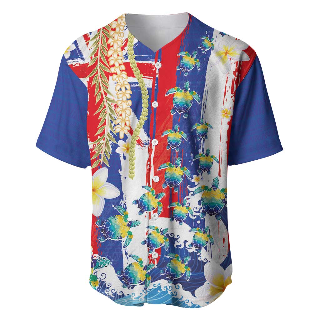 Hawaiian Sea Turtles and Plumeria Baseball Jersey with Lei and Flag Grunge Style LT03 Multicolor - Polynesian Pride