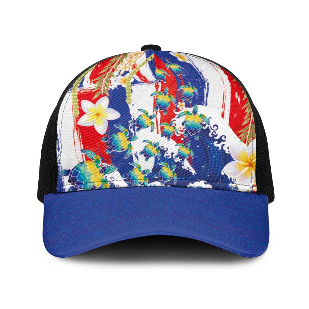 Hawaiian Sea Turtles and Plumeria Baseball Net Cap with Lei and Flag Grunge Style