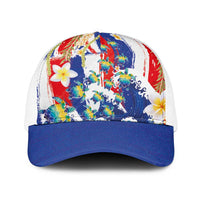 Hawaiian Sea Turtles and Plumeria Baseball Net Cap with Lei and Flag Grunge Style LT03 One Size White Multicolor - Polynesian Pride