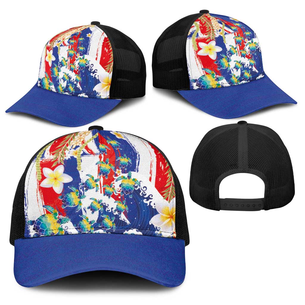 Hawaiian Sea Turtles and Plumeria Baseball Net Cap with Lei and Flag Grunge Style LT03 - Polynesian Pride