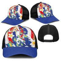 Hawaiian Sea Turtles and Plumeria Baseball Net Cap with Lei and Flag Grunge Style LT03 - Polynesian Pride