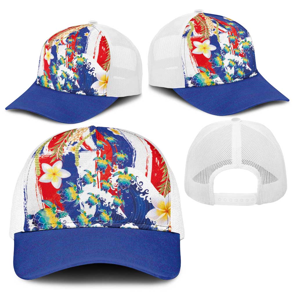Hawaiian Sea Turtles and Plumeria Baseball Net Cap with Lei and Flag Grunge Style LT03 - Polynesian Pride