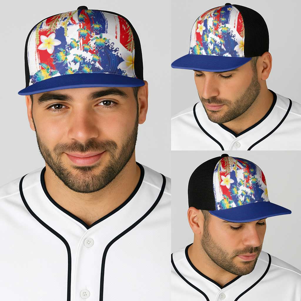 Hawaiian Sea Turtles and Plumeria Baseball Net Cap with Lei and Flag Grunge Style LT03 - Polynesian Pride