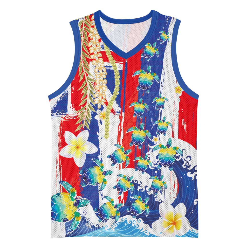 Hawaiian Sea Turtles and Plumeria Basketball Jersey with Lei and Flag Grunge Style LT03 Unisex Multicolor - Polynesian Pride
