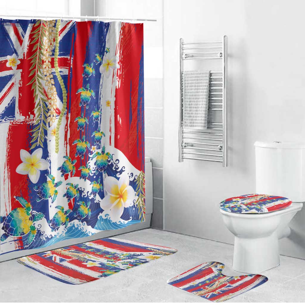 Hawaiian Sea Turtles and Plumeria Bathroom Set with Lei and Flag Grunge Style LT03 Bathroom Set (4 pcs) Multicolor - Polynesian Pride