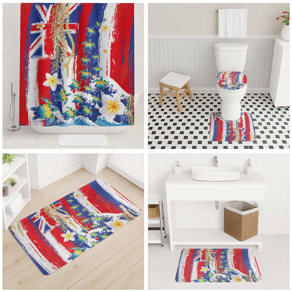 Hawaiian Sea Turtles and Plumeria Bathroom Set with Lei and Flag Grunge Style LT03 - Polynesian Pride