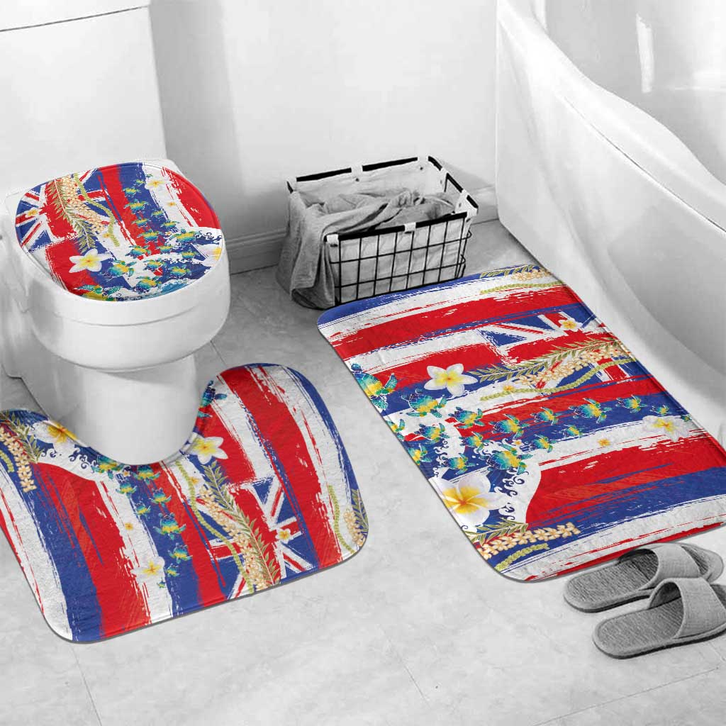 Hawaiian Sea Turtles and Plumeria Bathroom Set with Lei and Flag Grunge Style LT03 Mat Set Only (3 pcs) One Size Multicolor - Polynesian Pride