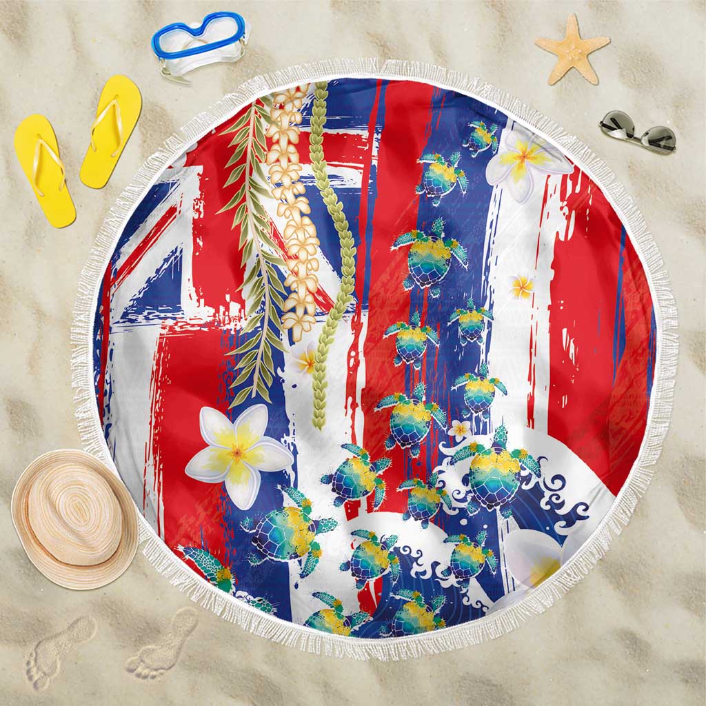 Hawaiian Sea Turtles and Plumeria Beach Blanket with Lei and Flag Grunge Style LT03 One Size 150cm Multicolor - Polynesian Pride
