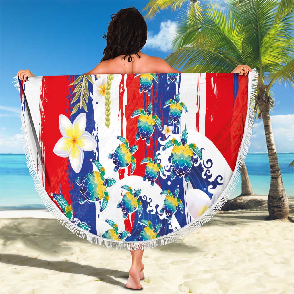 Hawaiian Sea Turtles and Plumeria Beach Blanket with Lei and Flag Grunge Style LT03 - Polynesian Pride