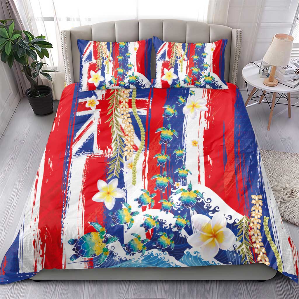 Hawaiian Sea Turtles and Plumeria Bedding Set with Lei and Flag Grunge Style LT03 - Polynesian Pride