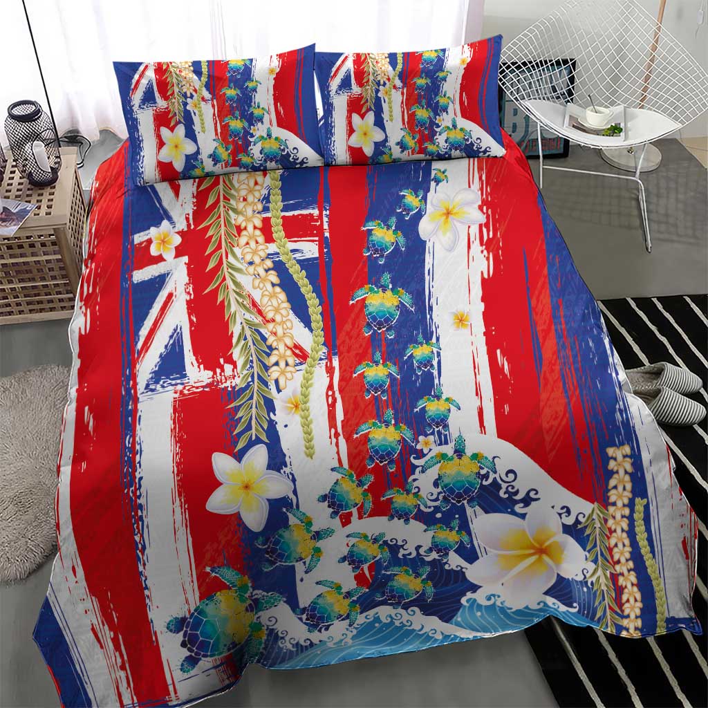 Hawaiian Sea Turtles and Plumeria Bedding Set with Lei and Flag Grunge Style LT03 - Polynesian Pride