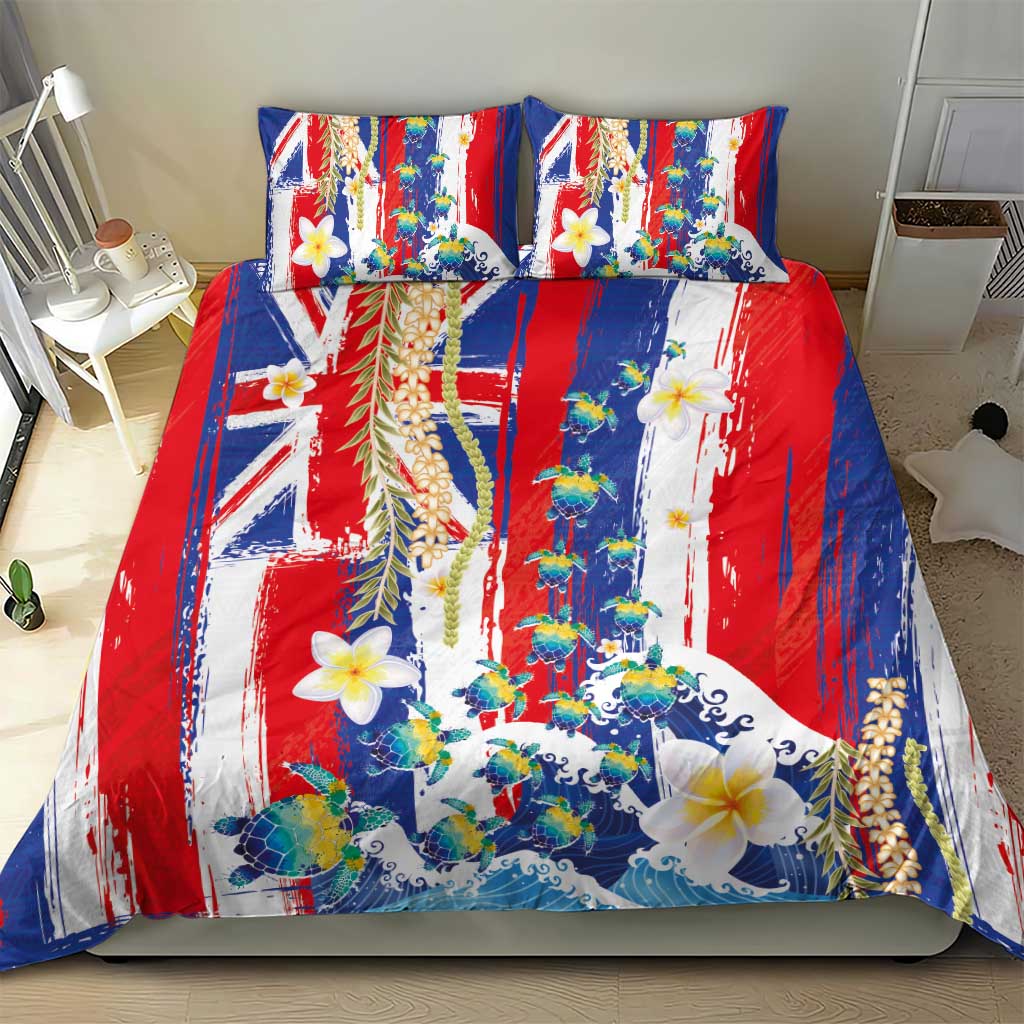 Hawaiian Sea Turtles and Plumeria Bedding Set with Lei and Flag Grunge Style LT03 - Polynesian Pride