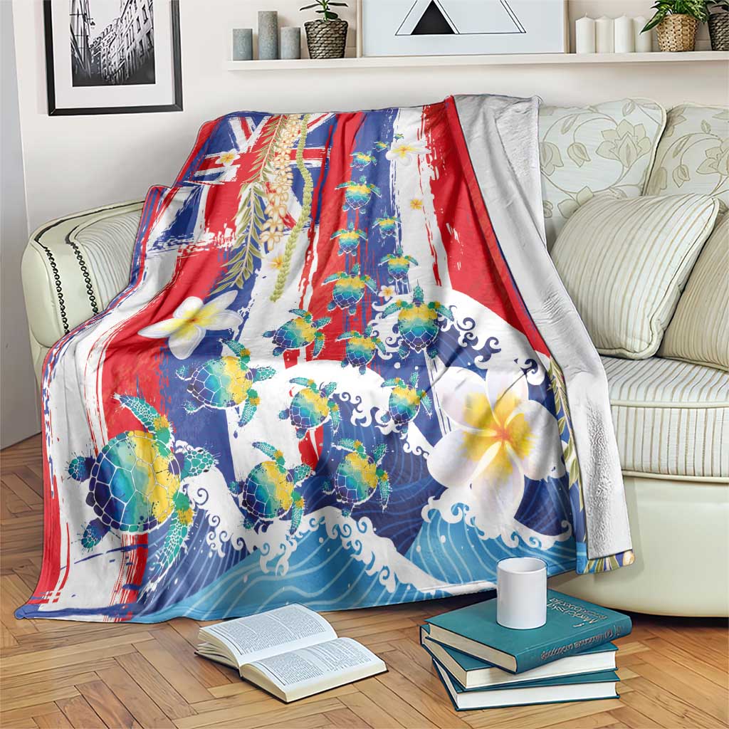 Hawaiian Sea Turtles and Plumeria Blanket with Lei and Flag Grunge Style LT03 Multicolor - Polynesian Pride