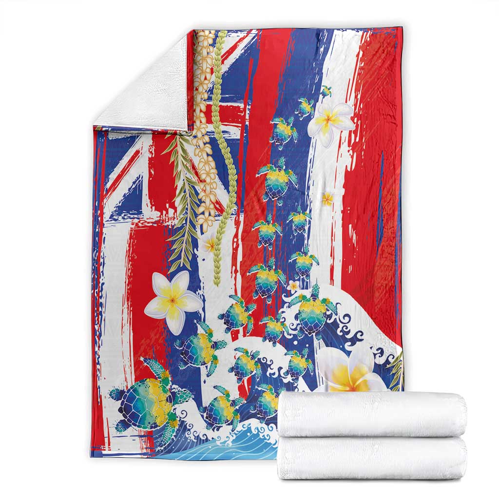 Hawaiian Sea Turtles and Plumeria Blanket with Lei and Flag Grunge Style