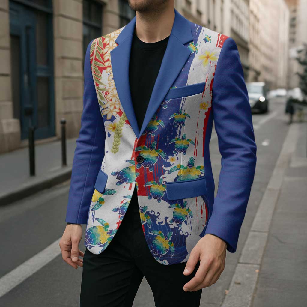 Hawaiian Sea Turtles and Plumeria Blazer with Lei and Flag Grunge Style LT03 - Polynesian Pride