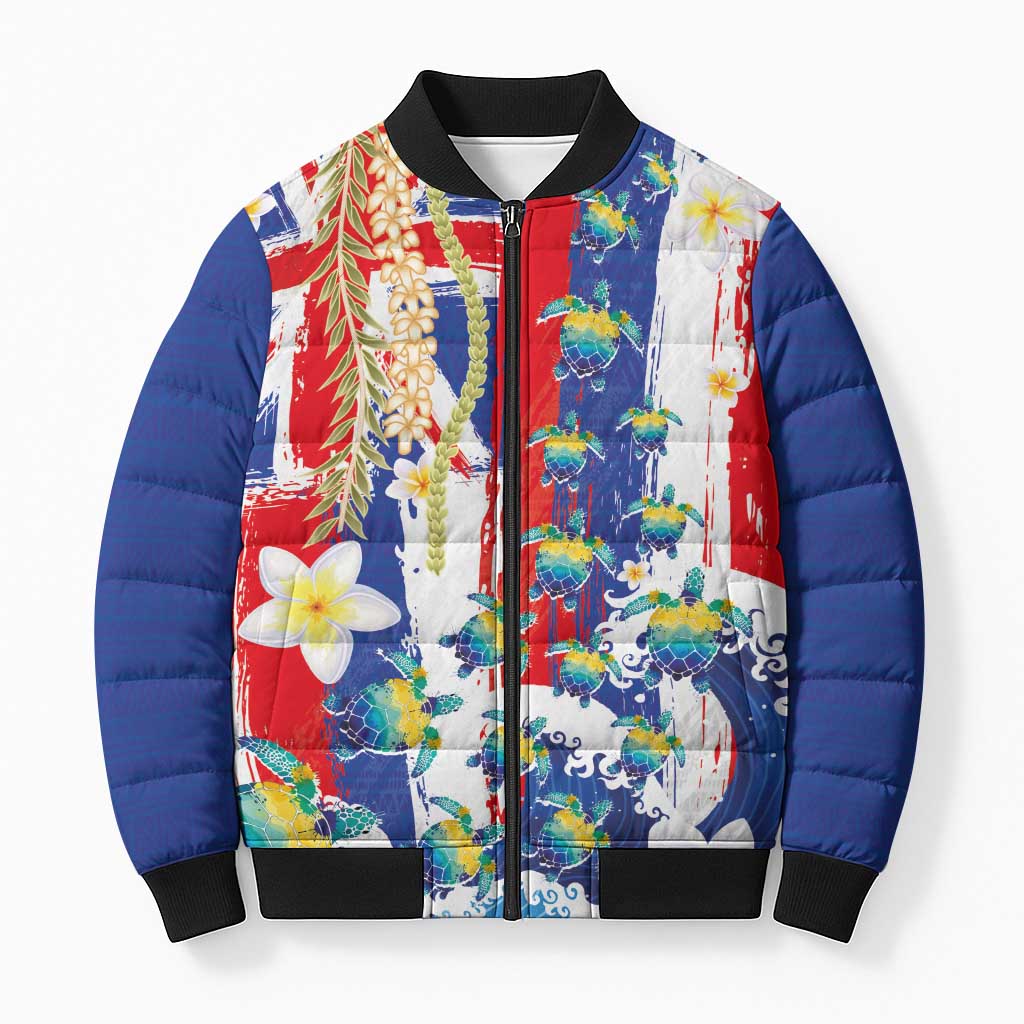 Hawaiian Sea Turtles and Plumeria Bomber Puffer Jacket with Lei and Flag Grunge Style LT03 Unisex Multicolor - Polynesian Pride