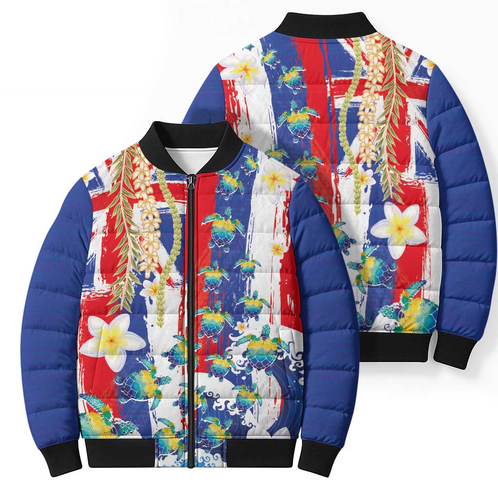 Hawaiian Sea Turtles and Plumeria Bomber Puffer Jacket with Lei and Flag Grunge Style LT03 - Polynesian Pride