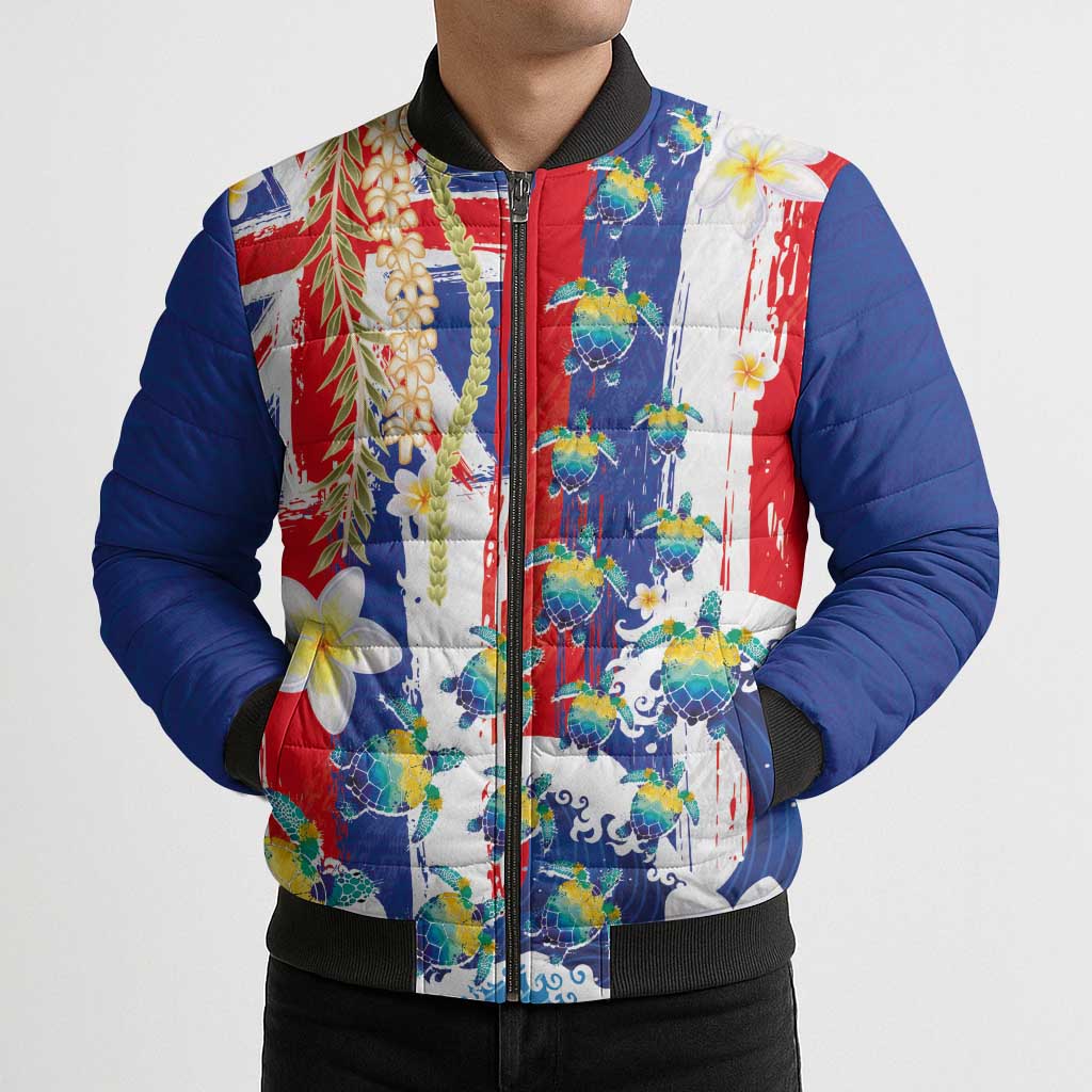Hawaiian Sea Turtles and Plumeria Bomber Puffer Jacket with Lei and Flag Grunge Style LT03 - Polynesian Pride