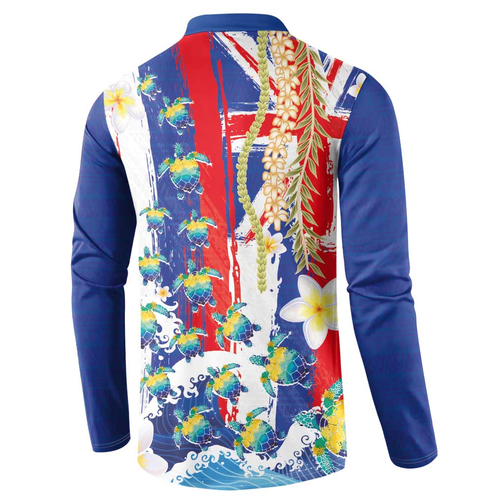Hawaiian Sea Turtles and Plumeria Button Sweatshirt with Lei and Flag Grunge Style LT03 - Polynesian Pride