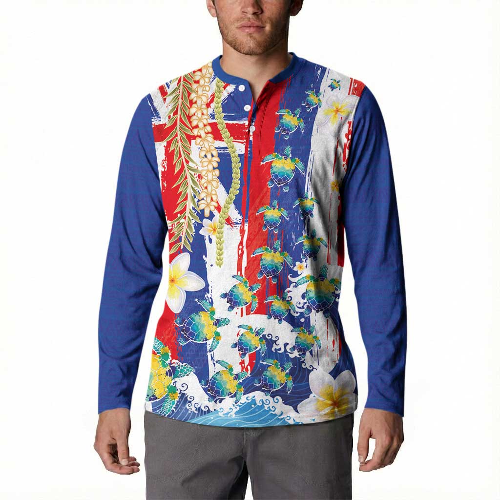 Hawaiian Sea Turtles and Plumeria Button Sweatshirt with Lei and Flag Grunge Style LT03 - Polynesian Pride