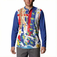 Hawaiian Sea Turtles and Plumeria Button Sweatshirt with Lei and Flag Grunge Style LT03 - Polynesian Pride