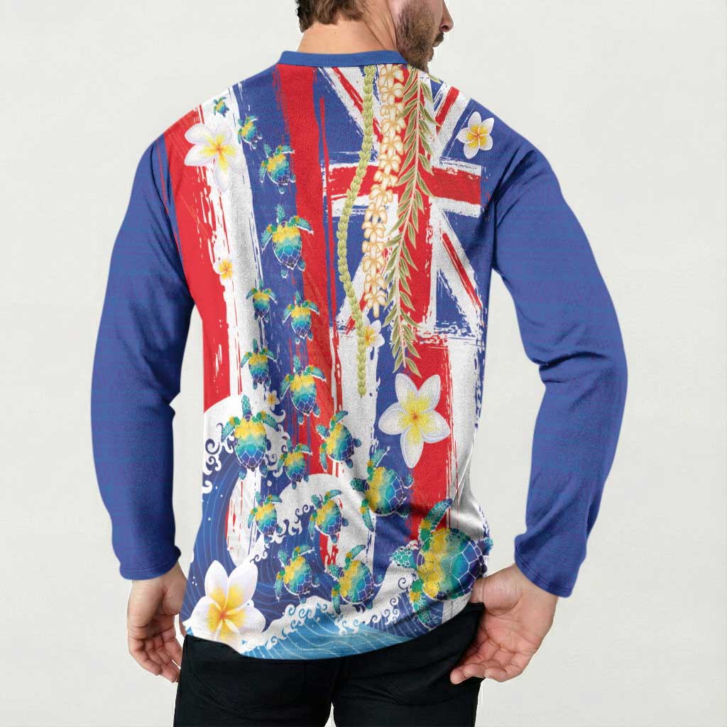 Hawaiian Sea Turtles and Plumeria Button Sweatshirt with Lei and Flag Grunge Style LT03 - Polynesian Pride