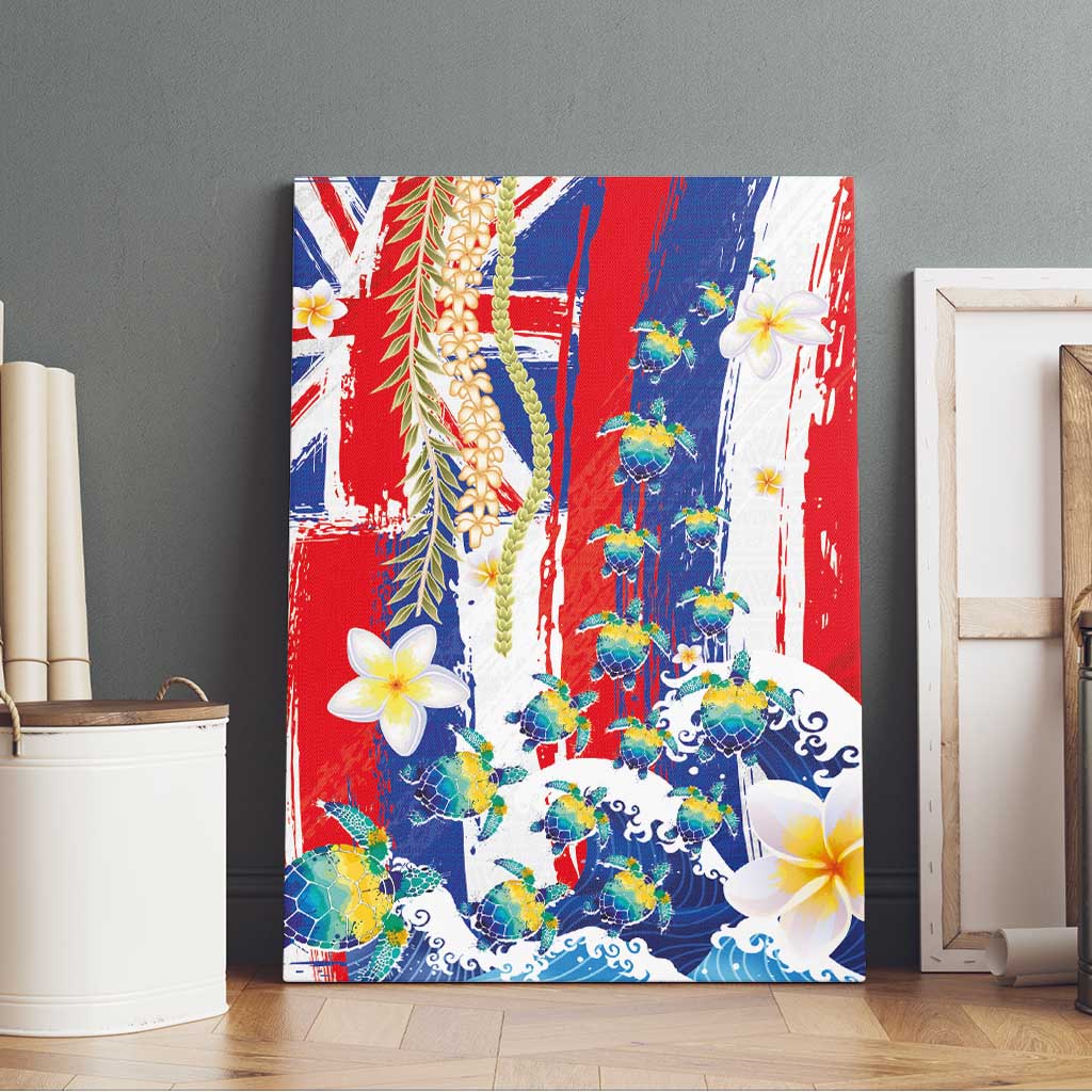 Hawaiian Sea Turtles and Plumeria Canvas Wall Art with Lei and Flag Grunge Style LT03 - Polynesian Pride