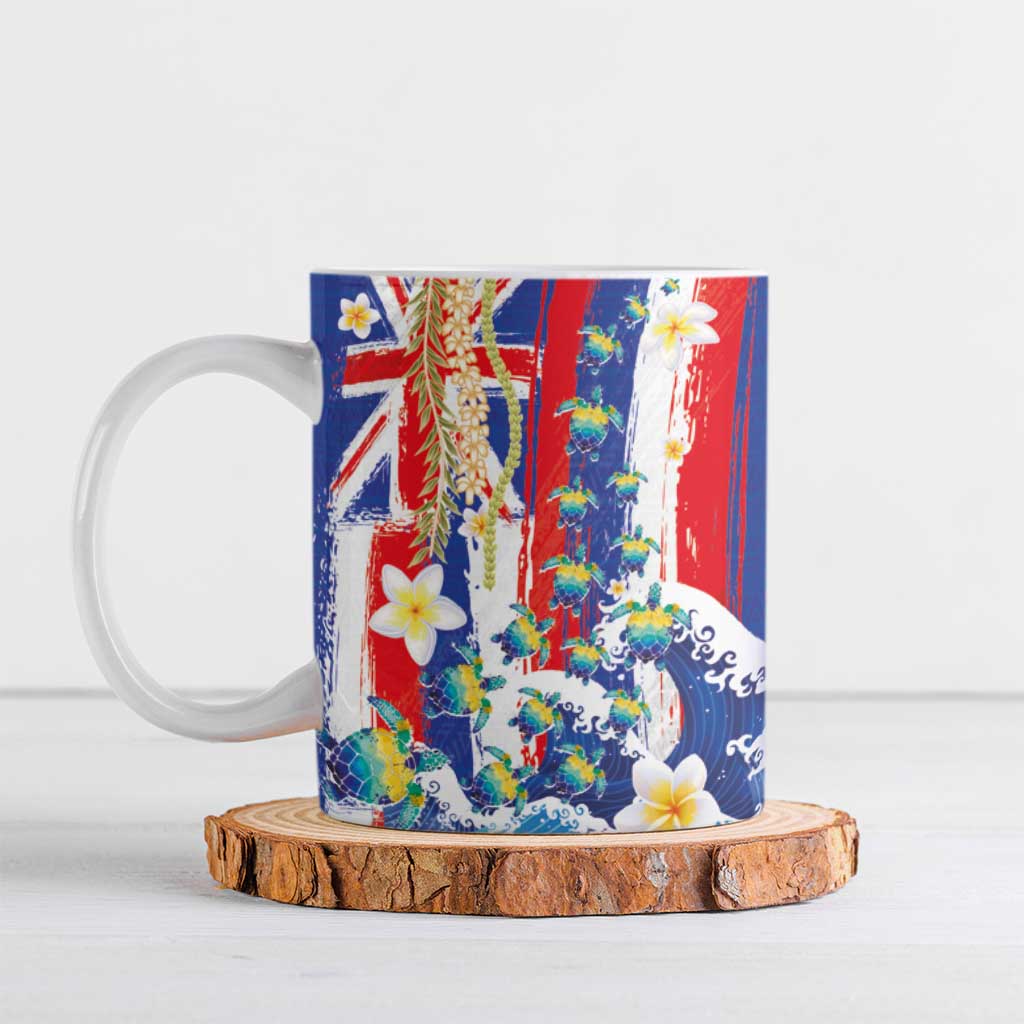 Hawaiian Sea Turtles and Plumeria Ceramic Mug with Lei and Flag Grunge Style LT03 Multicolor - Polynesian Pride