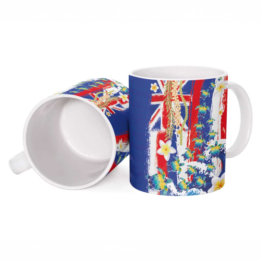 Hawaiian Sea Turtles and Plumeria Ceramic Mug with Lei and Flag Grunge Style LT03 - Polynesian Pride