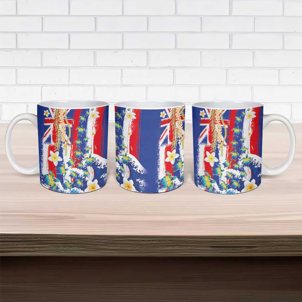 Hawaiian Sea Turtles and Plumeria Ceramic Mug with Lei and Flag Grunge Style LT03 - Polynesian Pride