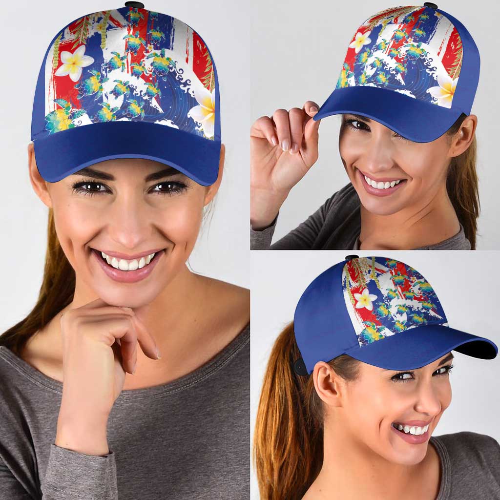 Hawaiian Sea Turtles and Plumeria Classic Cap with Lei and Flag Grunge Style LT03 - Polynesian Pride