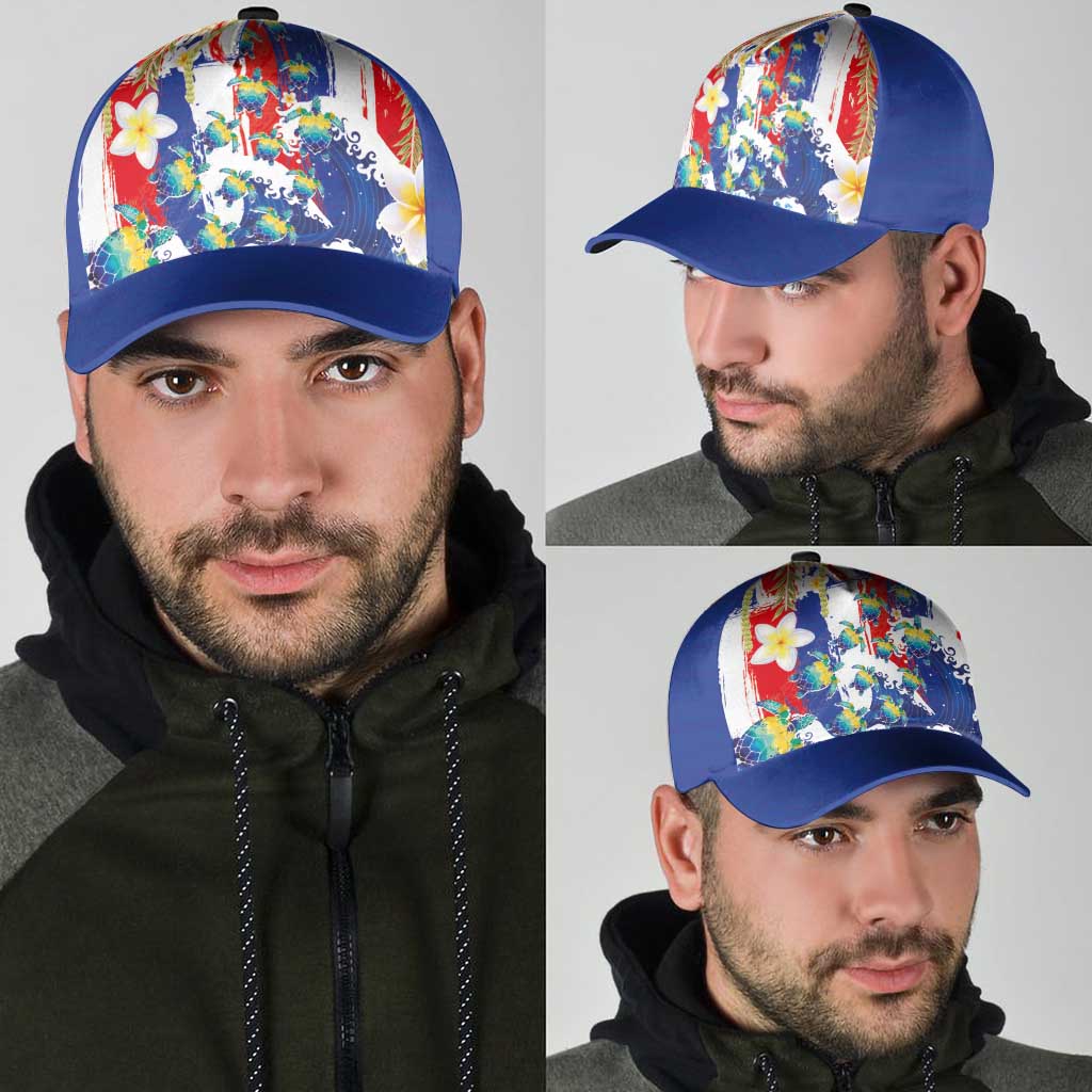 Hawaiian Sea Turtles and Plumeria Classic Cap with Lei and Flag Grunge Style LT03 - Polynesian Pride