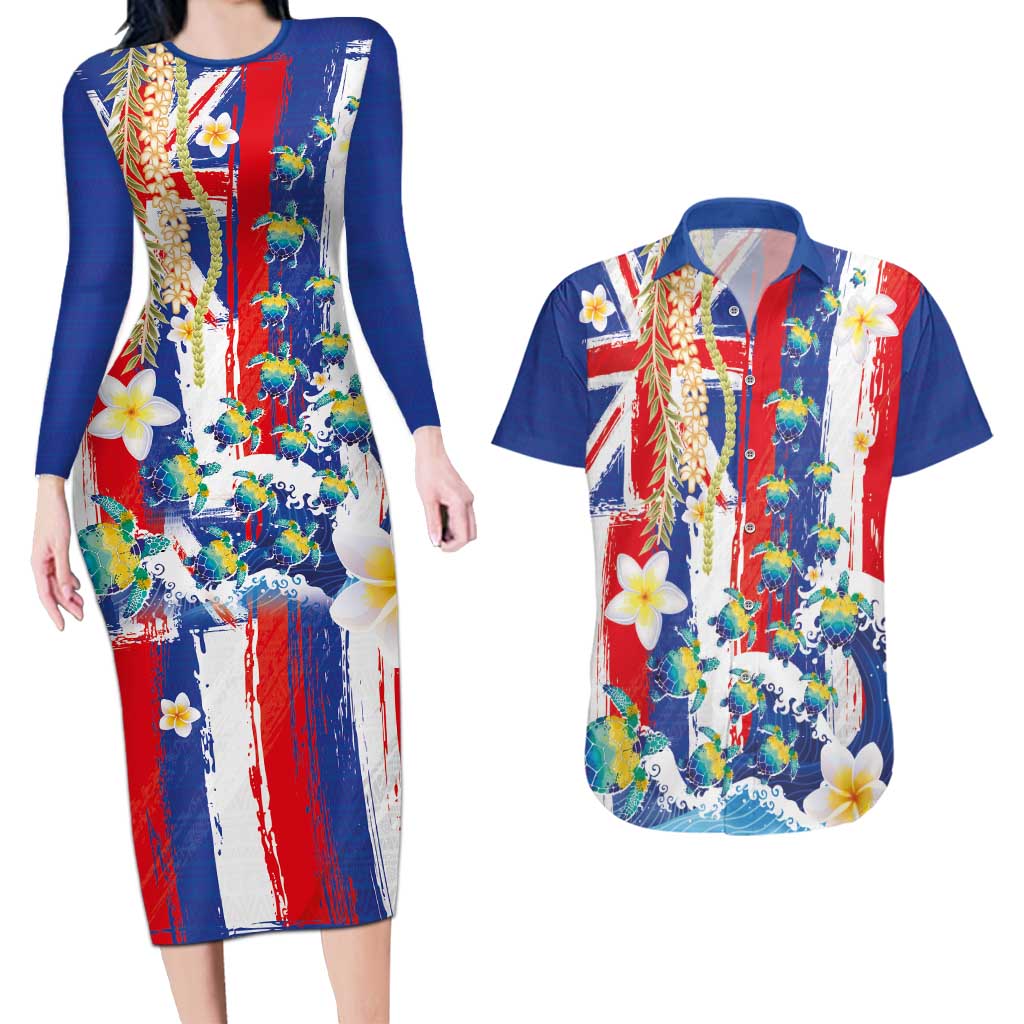 Hawaiian Sea Turtles and Plumeria Couples Matching Long Sleeve Bodycon Dress and Hawaiian Shirt with Lei and Flag Grunge Style LT03 Multicolor - Polynesian Pride