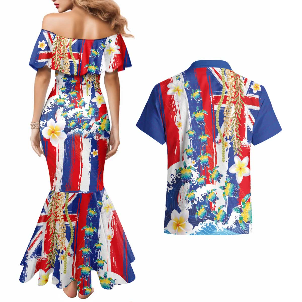 Hawaiian Sea Turtles and Plumeria Couples Matching Mermaid Dress and Hawaiian Shirt with Lei and Flag Grunge Style