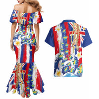 Hawaiian Sea Turtles and Plumeria Couples Matching Mermaid Dress and Hawaiian Shirt with Lei and Flag Grunge Style